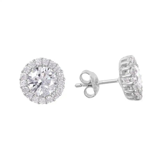 925 Sterling Silver Rhodium Plated Round CZ Halo Stud Earrings