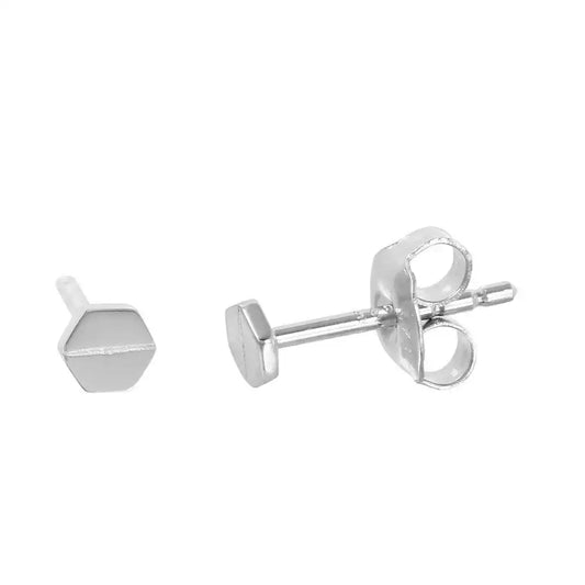 925 Sterling Silver Rhodium Plated Flat Hexagon Shaped Stud Earrings