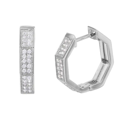 925 Sterling Silver Rhodium Plated Octagon CZ huggie hoop Earrings