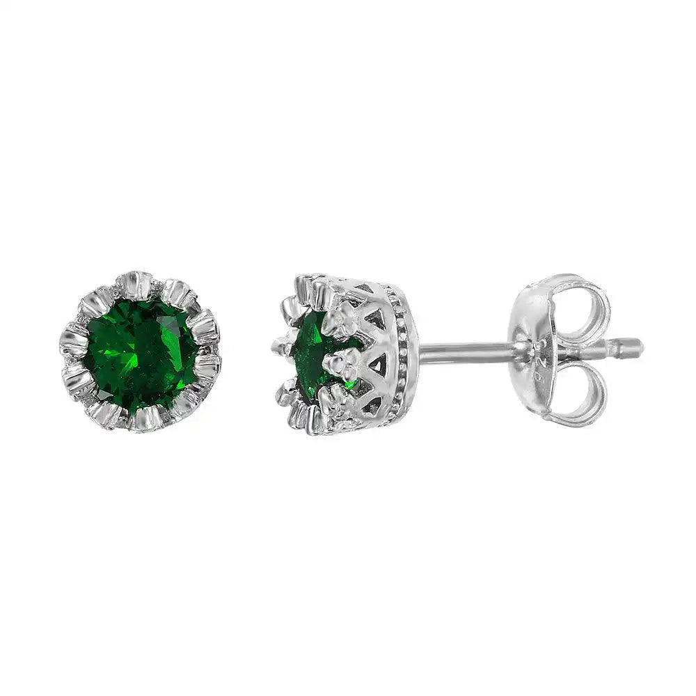 925 Sterling Silver Rhodium Plated Crown Set Studs with Green CZ Stone