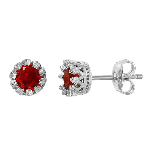 925 Sterling Silver Rhodium Plated Crown Set Studs with Red CZ Stone