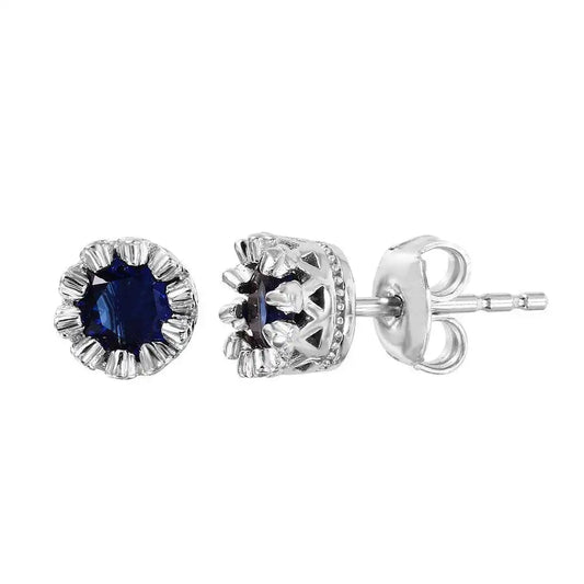 925 Sterling Silver Rhodium Plated Crown Set Studs with Blue CZ Stone