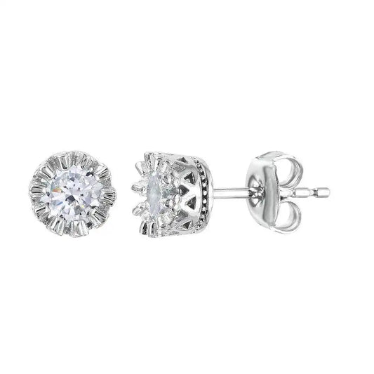 925 Sterling Silver Rhodium Plated Crown Set Studs with Clear CZ Stone