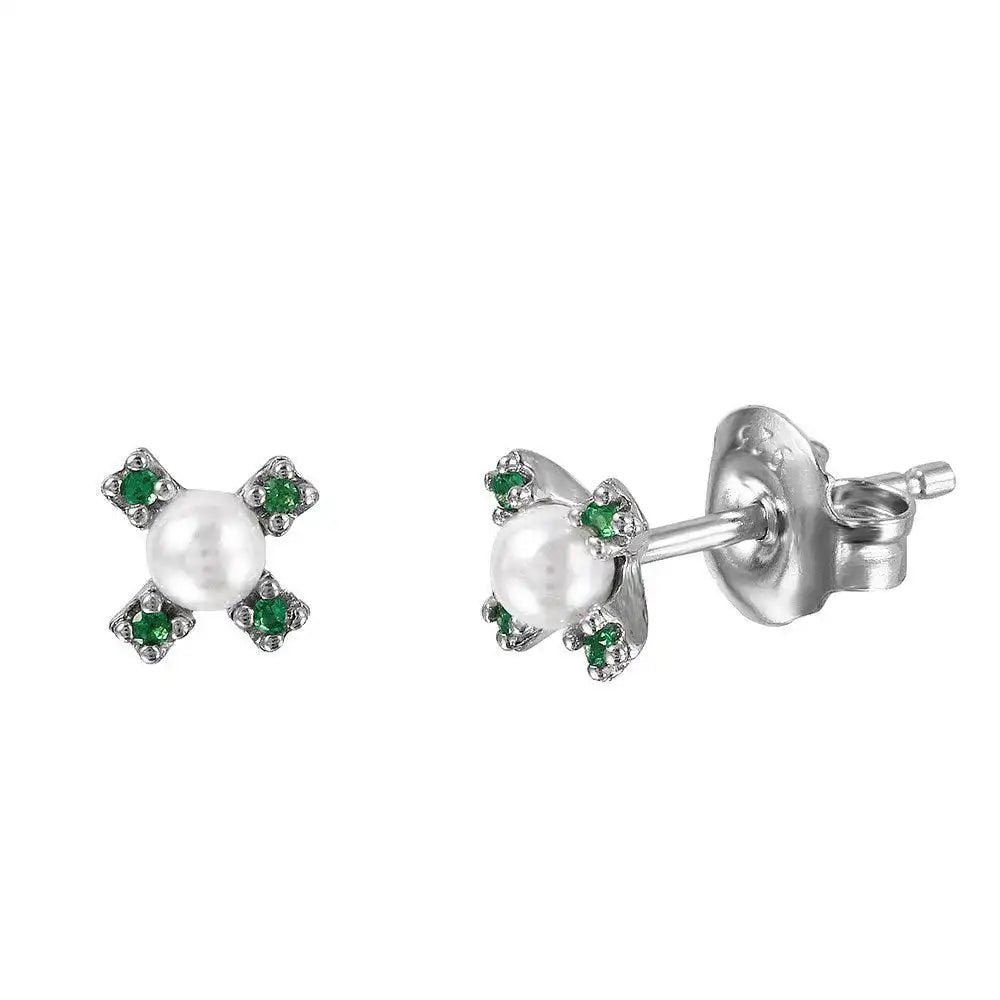 925 Sterling Silver Rhodium Plated CZ Flower Studs with Synthetic Pearl