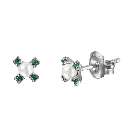 925 Sterling Silver Rhodium Plated CZ Flower Studs with Synthetic Pearl