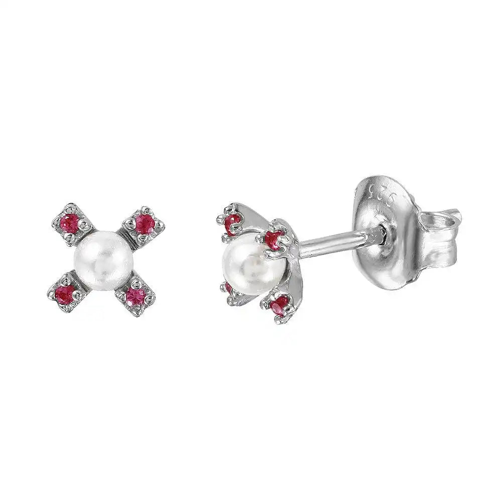 925 Sterling Silver Rhodium Plated CZ Flower Studs with Synthetic Pearl