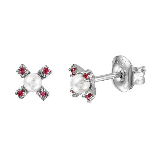 925 Sterling Silver Rhodium Plated CZ Flower Studs with Synthetic Pearl