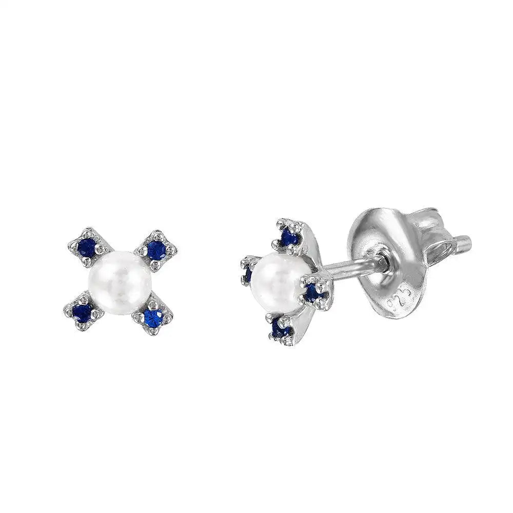 925 Sterling Silver Rhodium Plated CZ Flower Studs with Synthetic Pearl