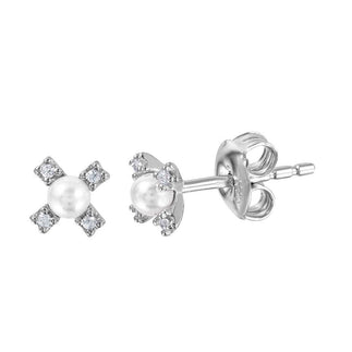 925 Silver Rhodium Plated CZ Flower Studs with Synthetic Pearl