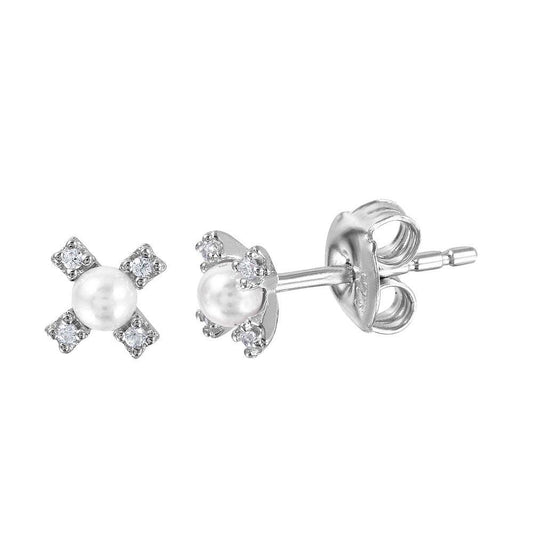 925 Silver Rhodium Plated CZ Flower Studs with Synthetic Pearl