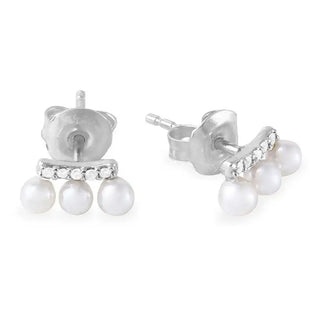 925 Sterling Silver Rhodium Plated Trio Fresh Water Pearl with CZ Earring