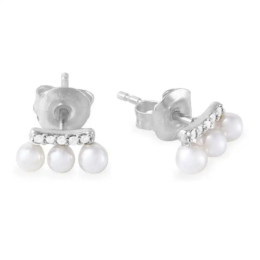925 Sterling Silver Rhodium Plated Trio Fresh Water Pearl with CZ Earring