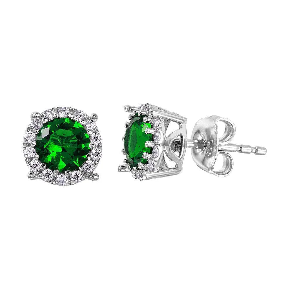 925 Silver Rhodium Plated Halo Studs with Green CZ Stone