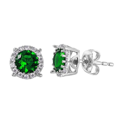 925 Silver Rhodium Plated Halo Studs with Green CZ Stone