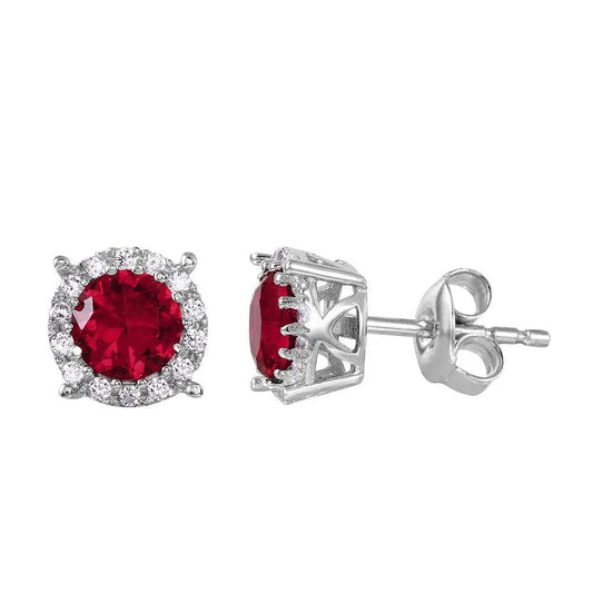925 Sterling Silver Rhodium Plated Halo Studs with Red CZ Stone