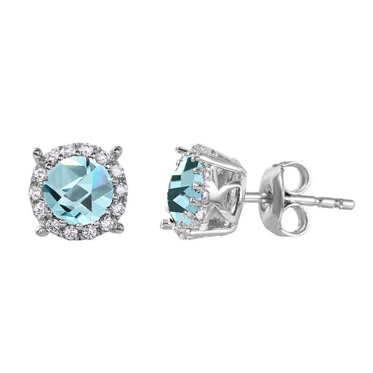 925 Sterling Silver Rhodium Plated Halo Studs with Blue CZ Stone