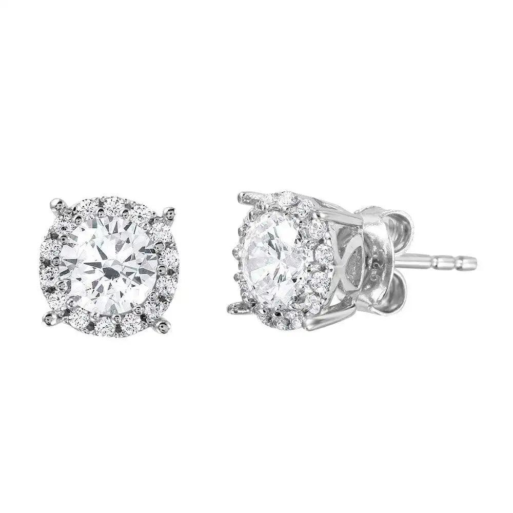 925 Sterling Silver Rhodium Plated Halo Studs with Clear CZ Stone