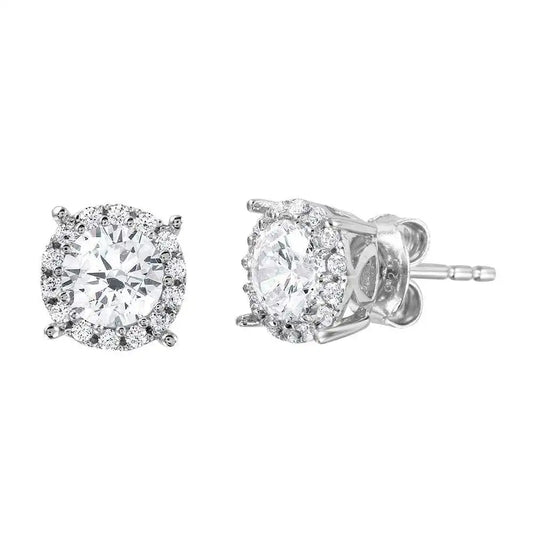 925 Sterling Silver Rhodium Plated Halo Studs with Clear CZ Stone