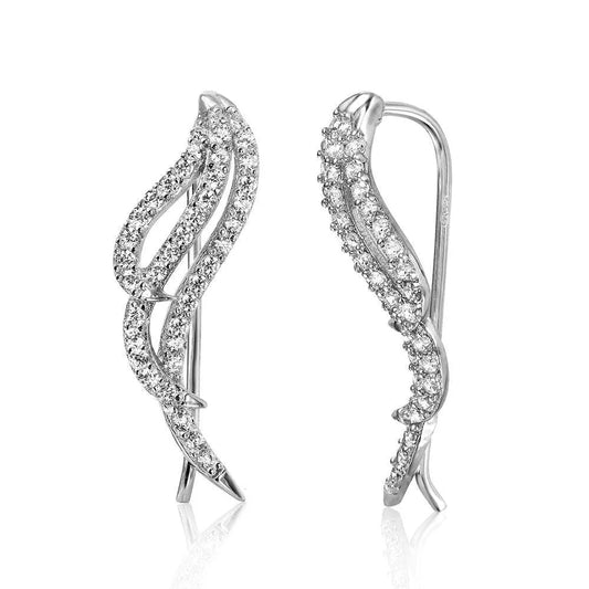 925 Sterling Silver Rhodium Plated Wings Earrings with Cubic Zirconia Stones