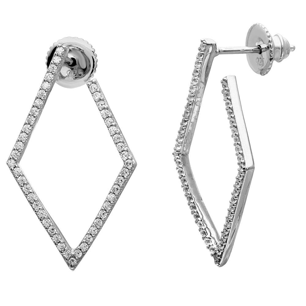 925 Silver Rhodium Plated Open Diamond Shaped Earring with CZ