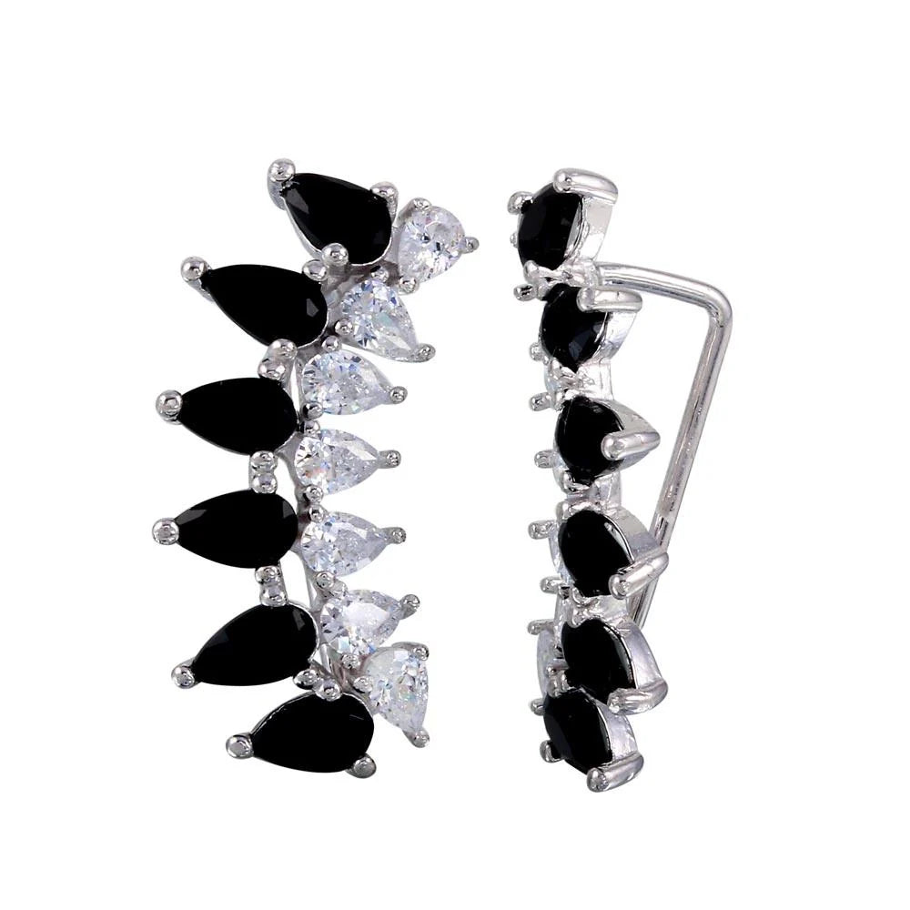 925 Sterling Silver Rhodium Plated Pear Shape Black CZ Climbing Earrings