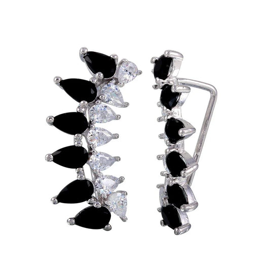 925 Sterling Silver Rhodium Plated Pear Shape Black CZ Climbing Earrings