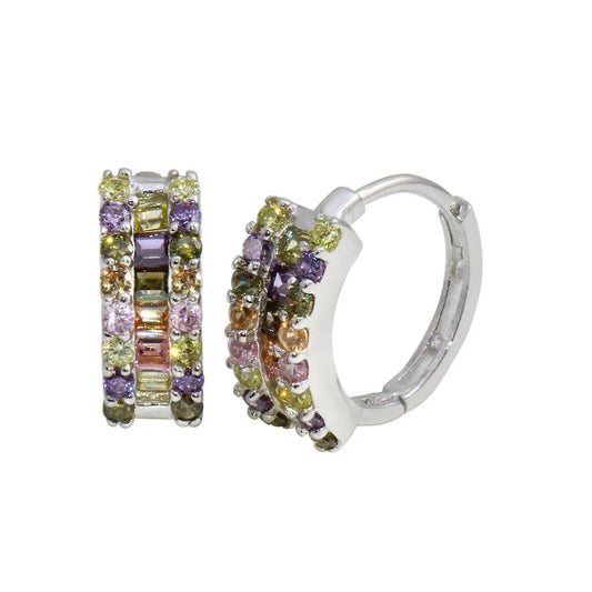 925 Sterling Silver Rhodium Plated Multi-Colored CZ Stone huggie hoop Earrings