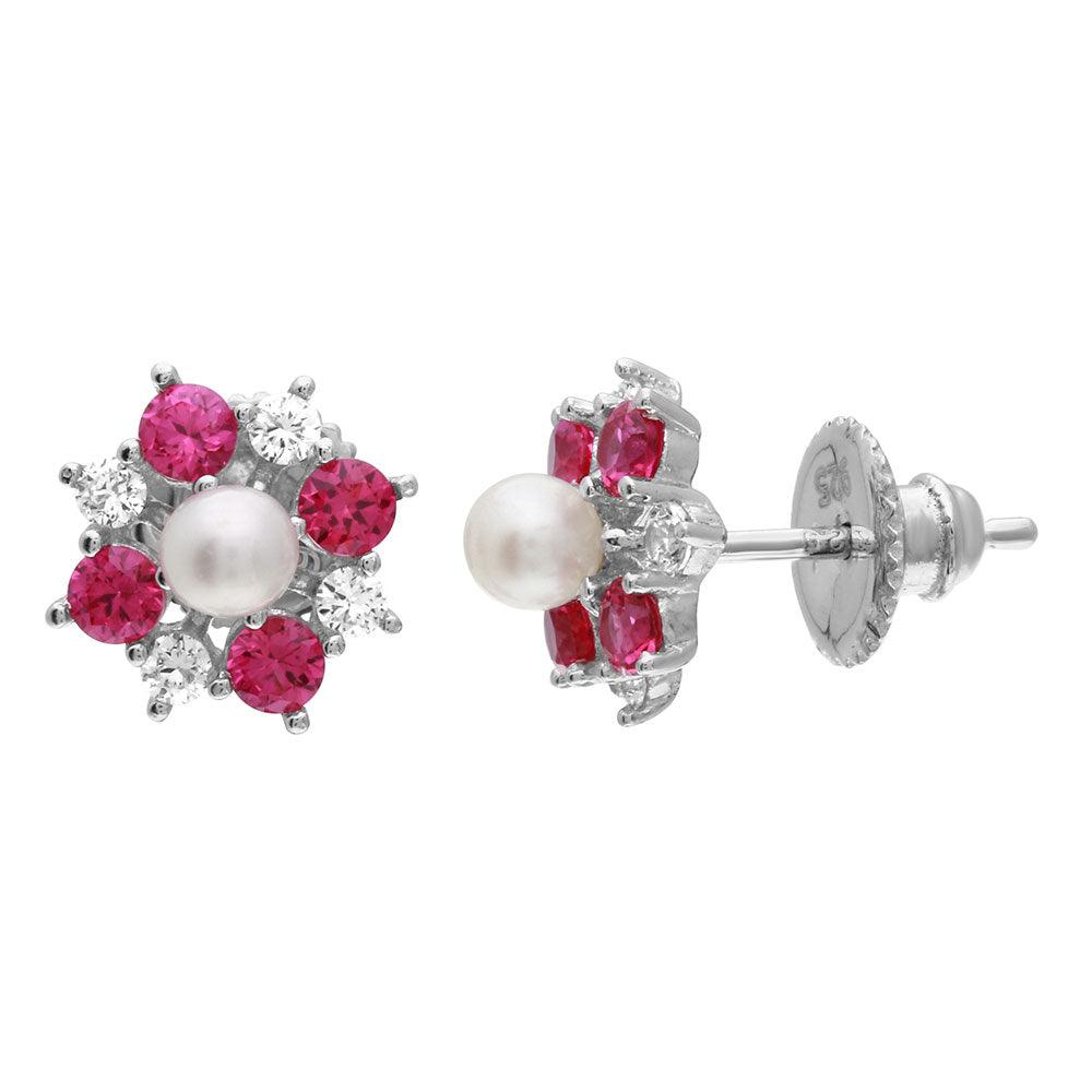 925 Silver Rhodium Plated Red CZ Flower Earrings with Center Fresh Water Pearl