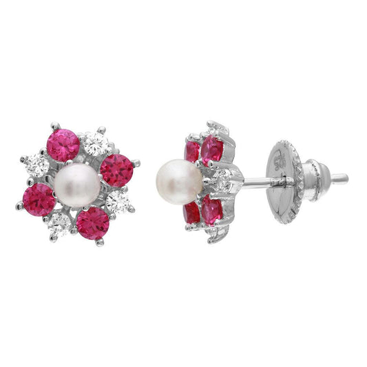 925 Silver Rhodium Plated Red CZ Flower Earrings with Center Fresh Water Pearl