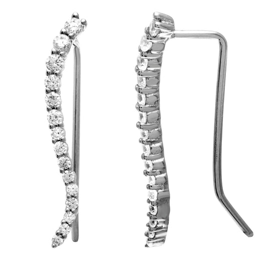 925 Sterling Silver Rhodium Plated Wave CZ Climbing Earring