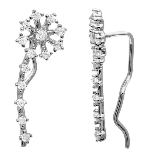 925 Sterling Silver Rhodium Plated CZ Flower Climbing Earrings