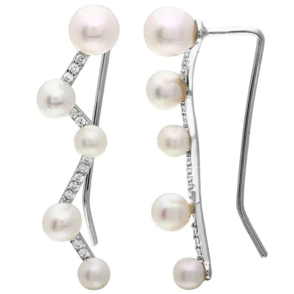 925 Sterling Silver Rhodium Plated CZ and Fresh Water Pearl Climbing Earrings