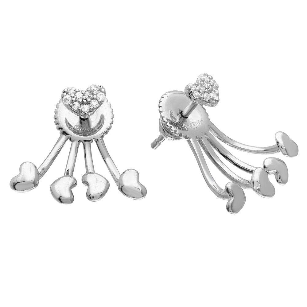 925 Sterling Silver Rhodium Plated CZ Heart Earrings With Hanging Heart Backing
