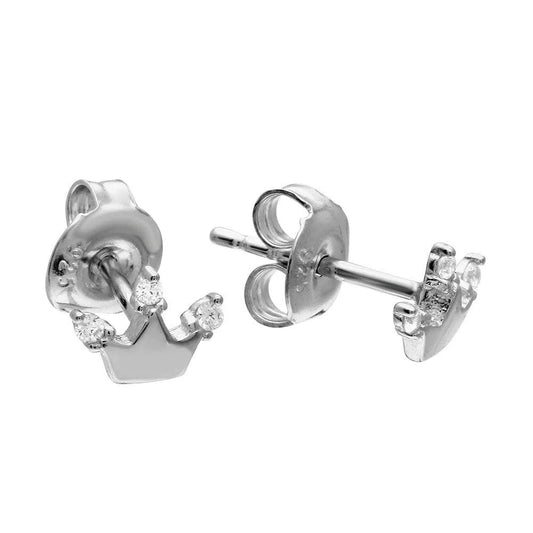 925 Sterling Silver Rhodium Plated Crown CZ Stud Earrings