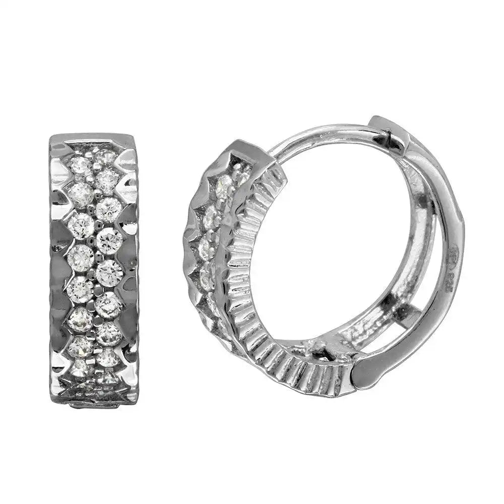 925 Sterling Silver Rhodium Plated 2 Row CZ Bordered huggie hoop Earrings