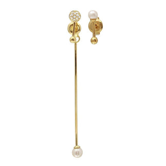 925 Sterling Silver Gold Plated Asymmetrical Front and Back Pin Earrings with CZ and Synthetic Pearl