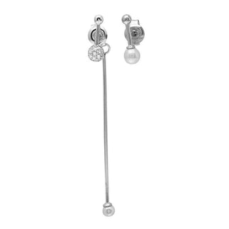 925 Sterling Silver Rhodium Plated Asymmetrical Front and Back Pin Earrings with CZ and Synthetic Pearl