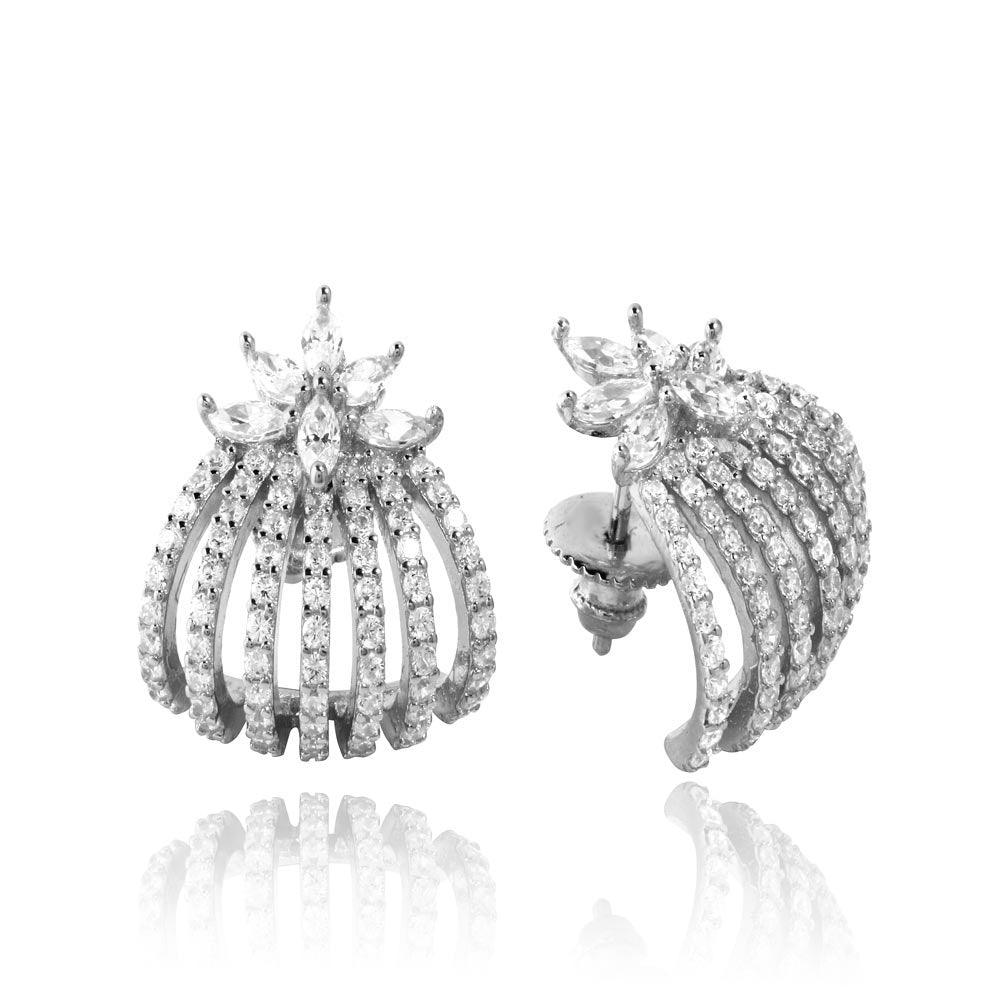 925 Sterling Silver Rhodium Plated 7 Row Hugging Earring with Marquise CZ