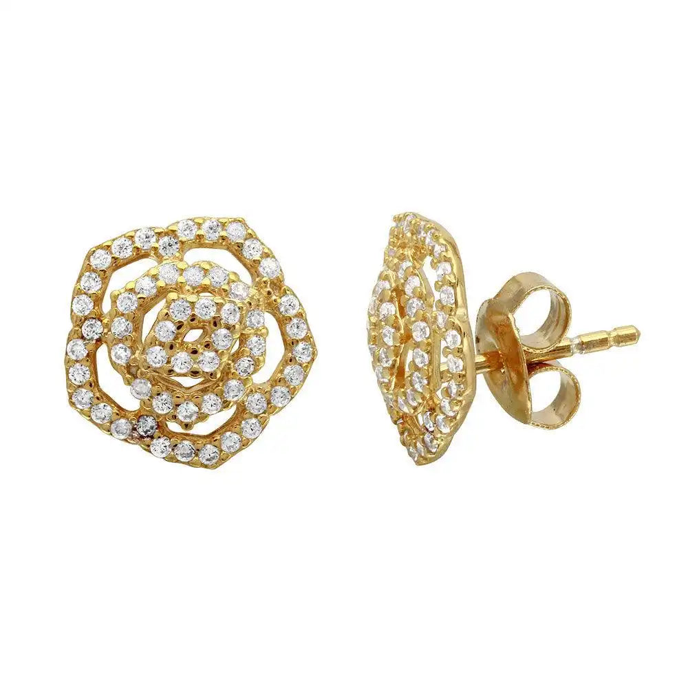 925 Sterling Silver Gold Plated Outline CZ Flower Stud Earrings