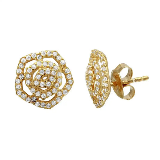 925 Sterling Silver Gold Plated Outline CZ Flower Stud Earrings