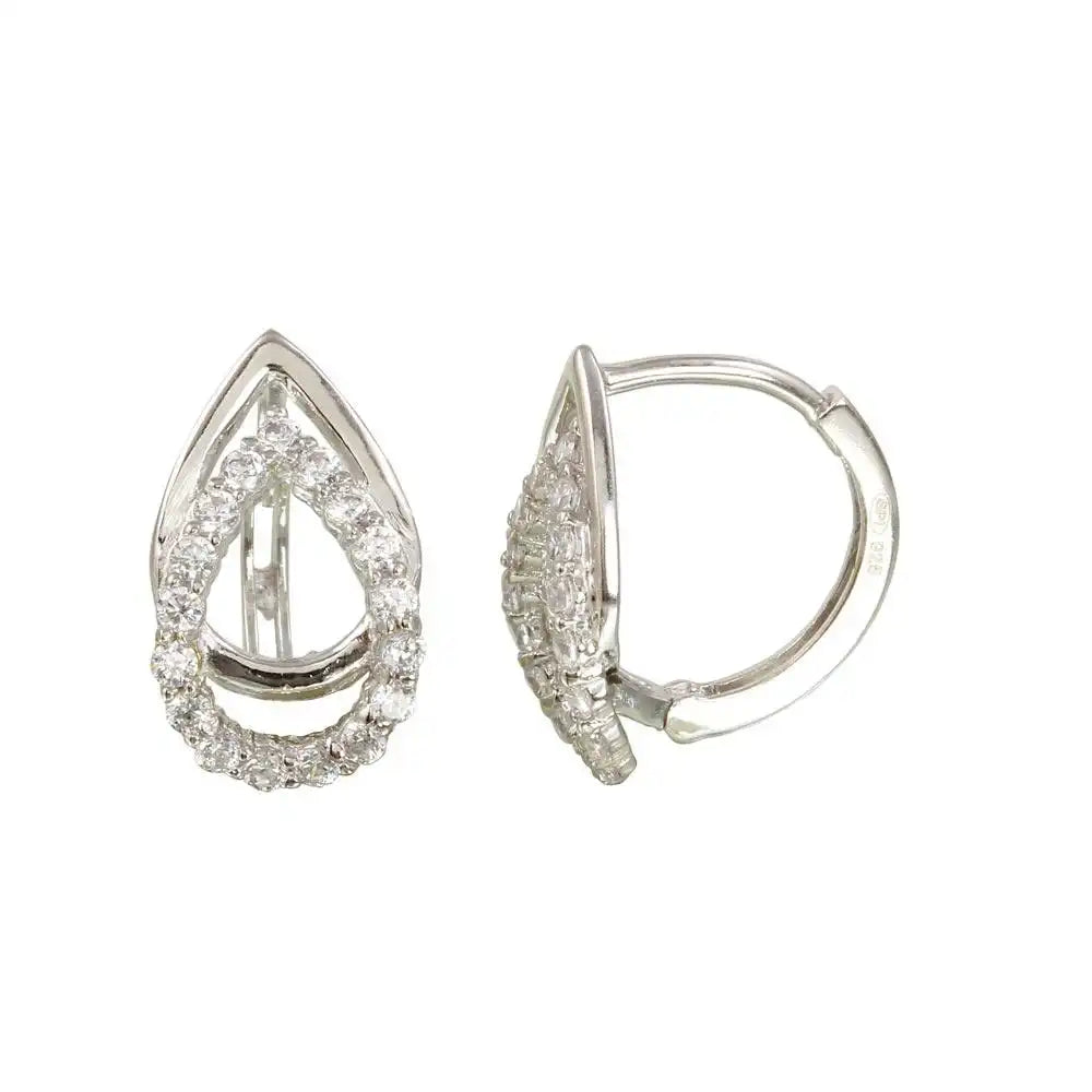 925 Sterling Silver Rhodium Plated Open Teardrop CZ huggie hoop Earrings