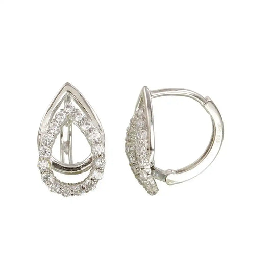 925 Sterling Silver Rhodium Plated Open Teardrop CZ huggie hoop Earrings
