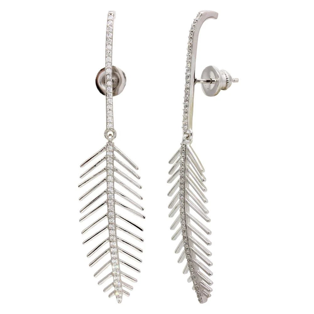 925 Sterling Silver Rhodium Plated Dangling Leaf Climbing Earrings with CZ
