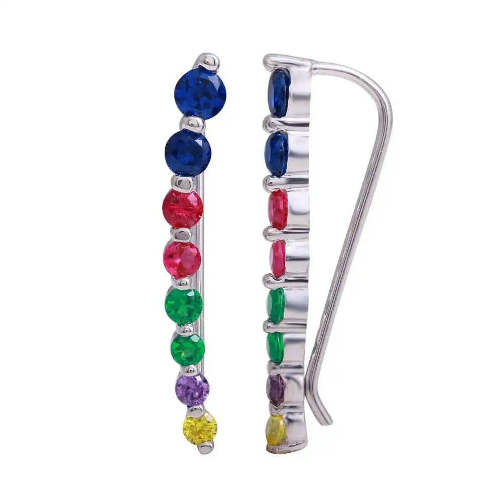 925 Sterling Silver Rhodium Plated Round Multi-Colored CZ Stone Climbing Earrings