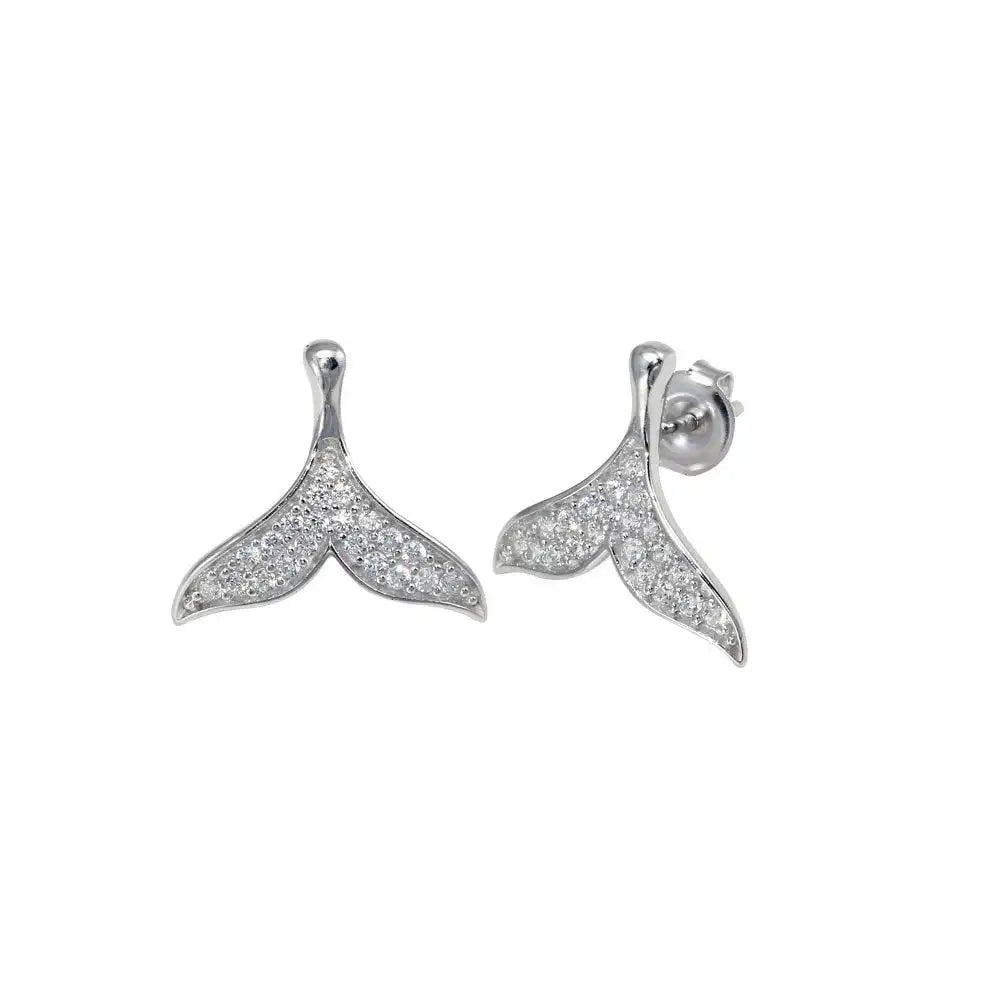 925 Sterling Silver Rhodium Plated CZ Whale Tail Stud Earring