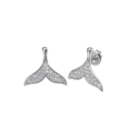 925 Sterling Silver Rhodium Plated CZ Whale Tail Stud Earring