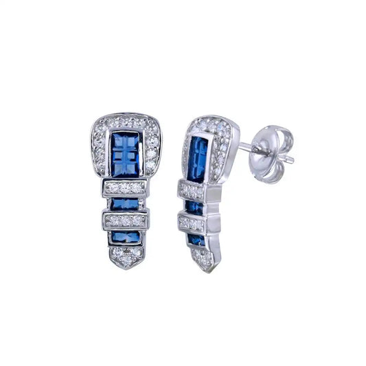 925 Sterling Silver Rhodium Plated Belt Blue CZ Earring
