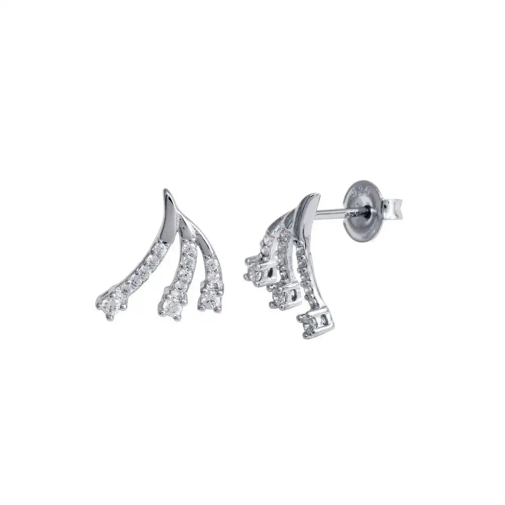 925 Sterling Silver Rhodium Plated 3 Wave CZ Stud Earring