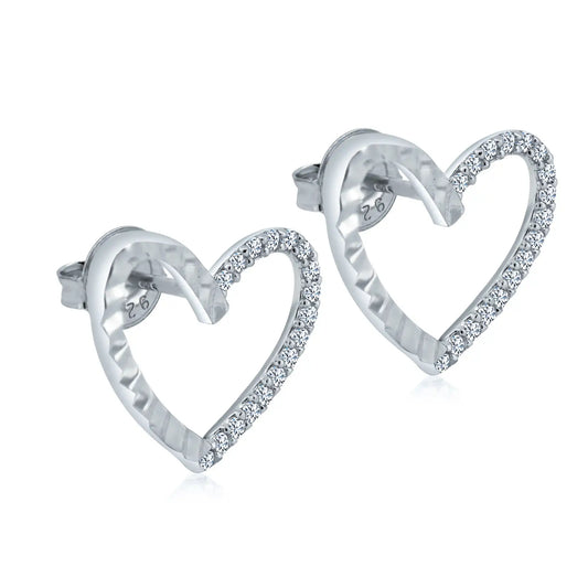 925 Sterling Silver Rhodium Plated Diamond Cut Clear CZ Heart Stud Earrings