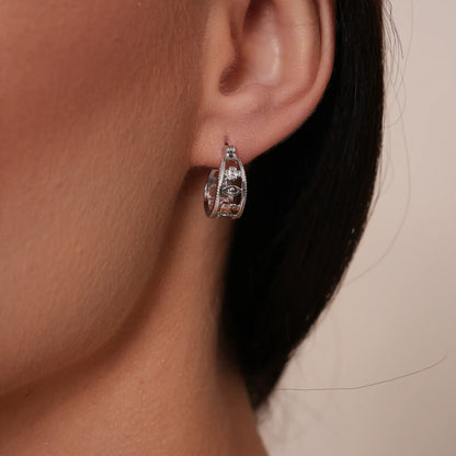 925 Sterling Silver Rhodium Plated Good luck Charm Hoop Latch Lock Earring